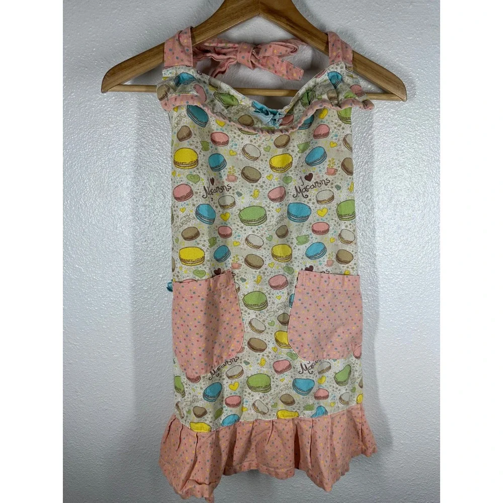 PCT Chef Collections Apron Kids OS Pink Macaron Print Ruffle Pockets‎ Cotton